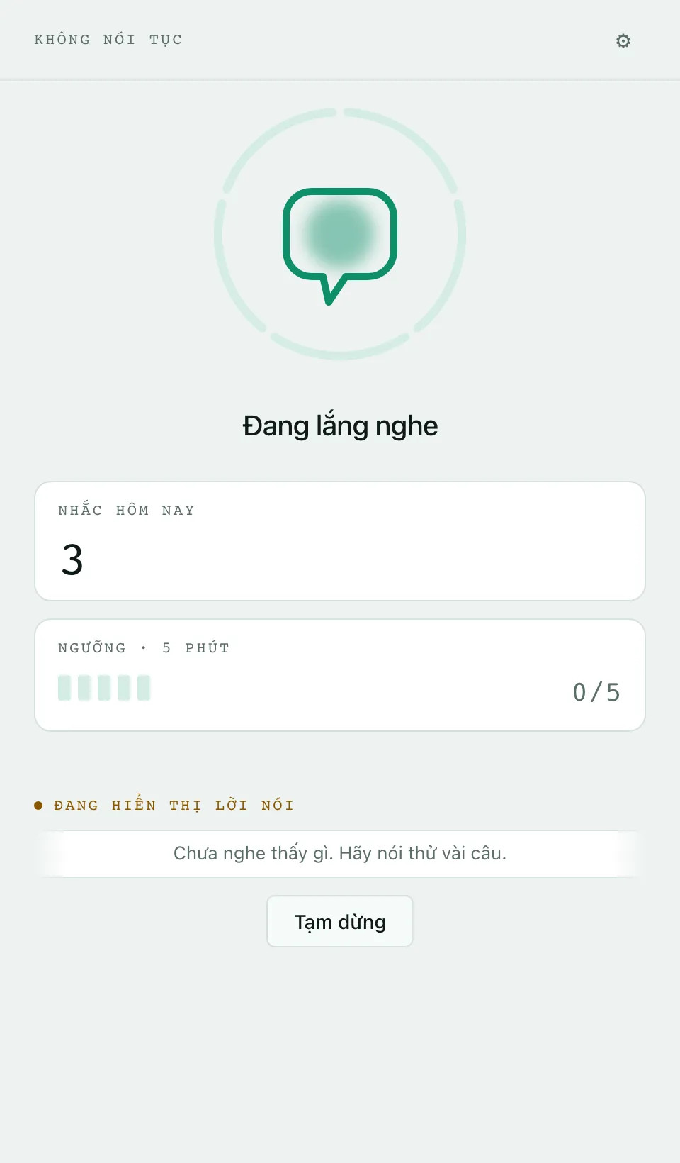 Cửa sổ ứng dụng Không Nói Tục đang lắng nghe