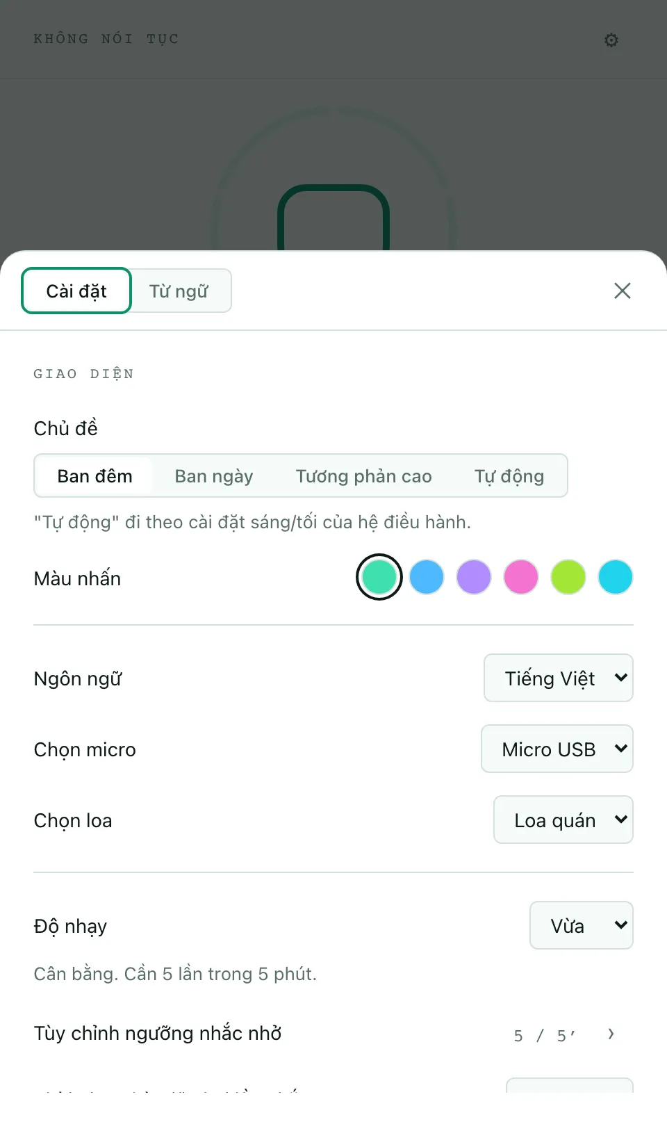 Bảng cài đặt của ứng dụng